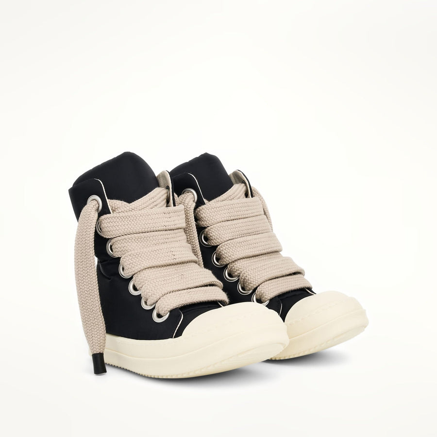 Jumbo Lace Puffer High Sneaker in Black/Pearl/Milk Front View | RICK OWENS DRKSHDW