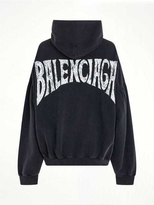 Handwritten Logo Round Hoodie in Faded Black/White