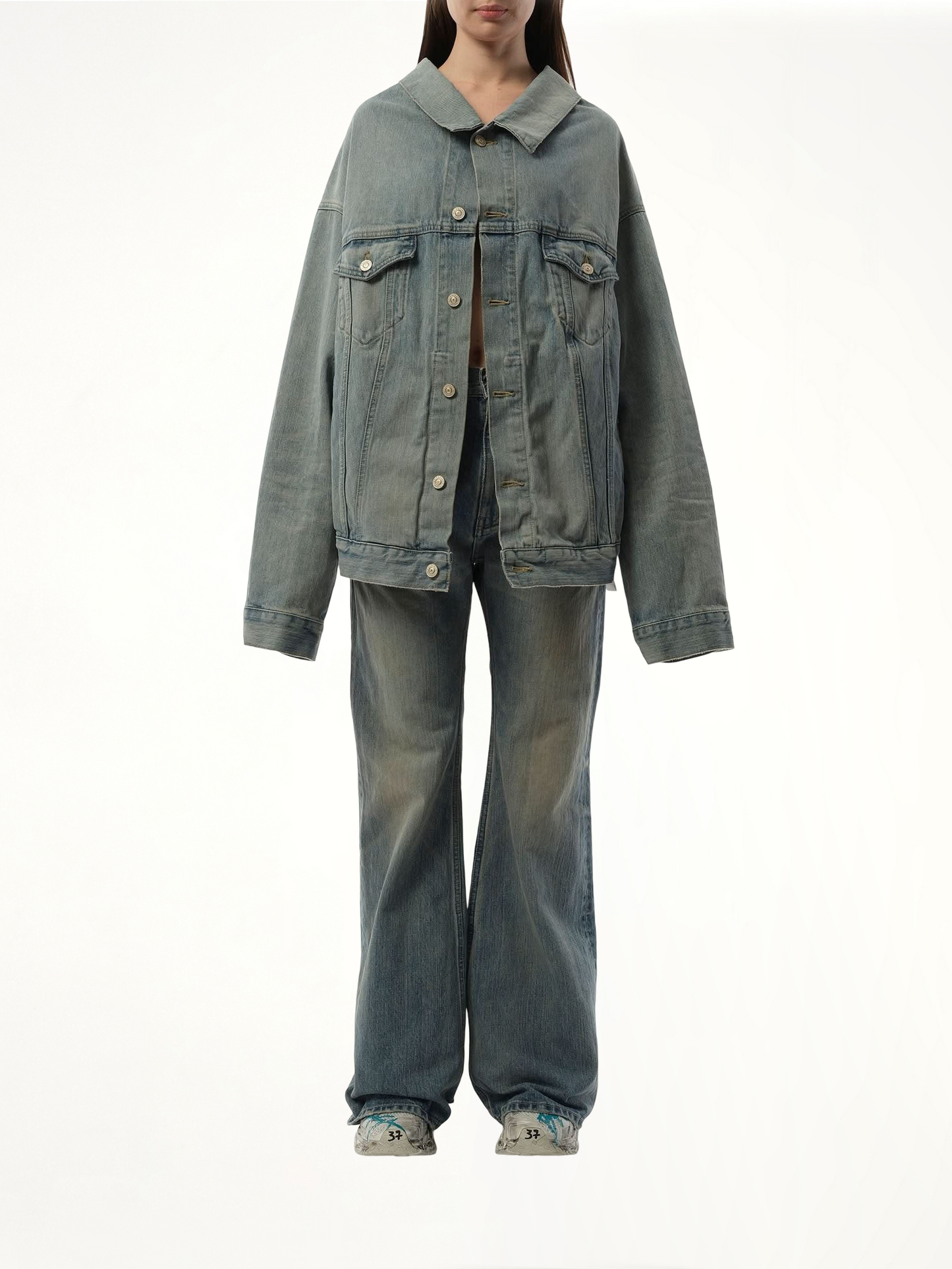 Off Shoulder Selvedge Denim Jacket in Blue