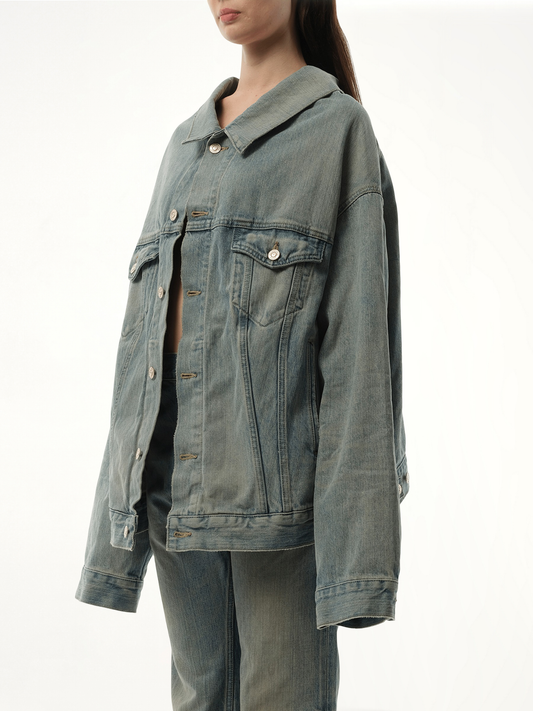 Off Shoulder Selvedge Denim Jacket in Blue