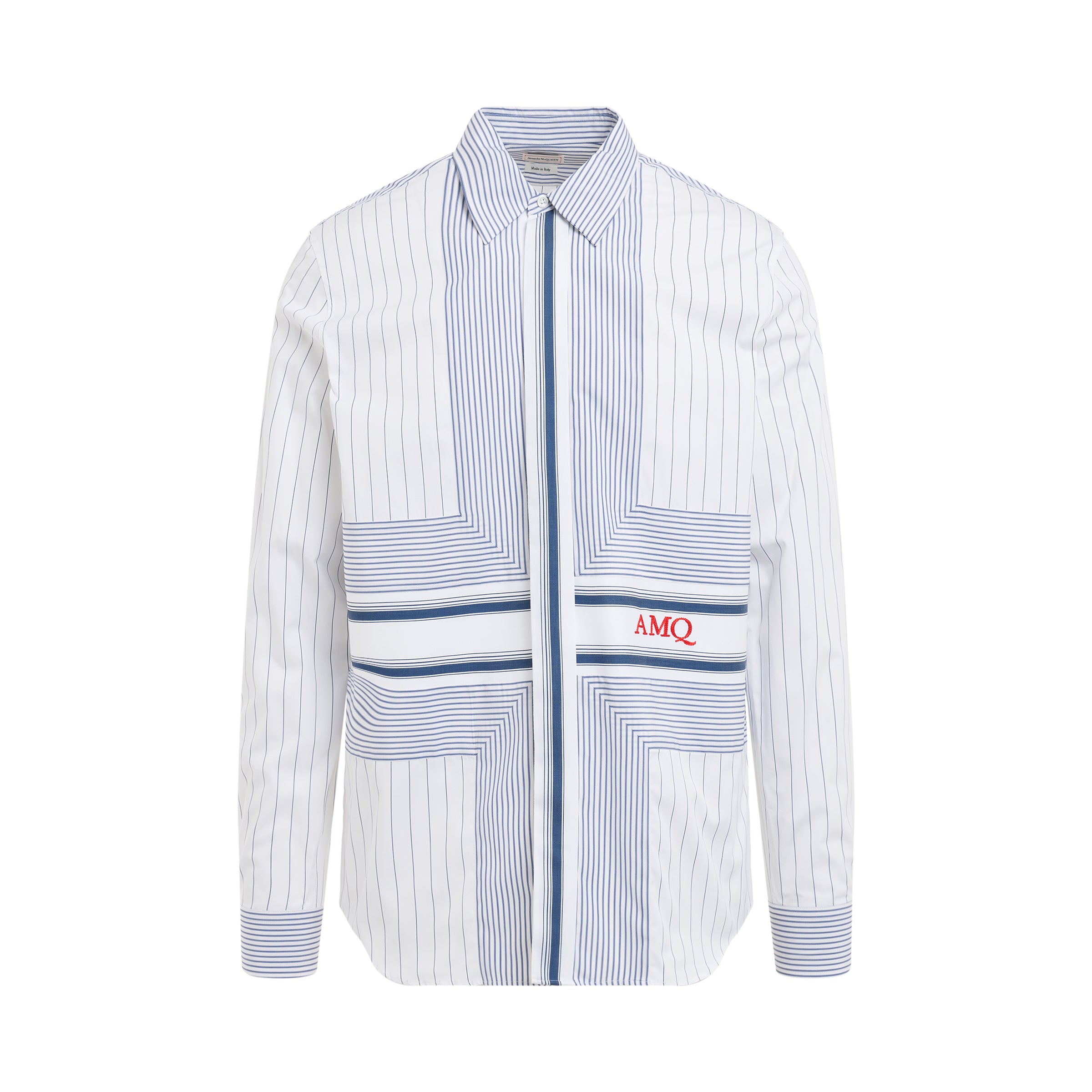 Wide Stripe Folded Placket Shirt in White/Blue