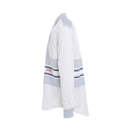 Wide Stripe Folded Placket Shirt in White/Blue