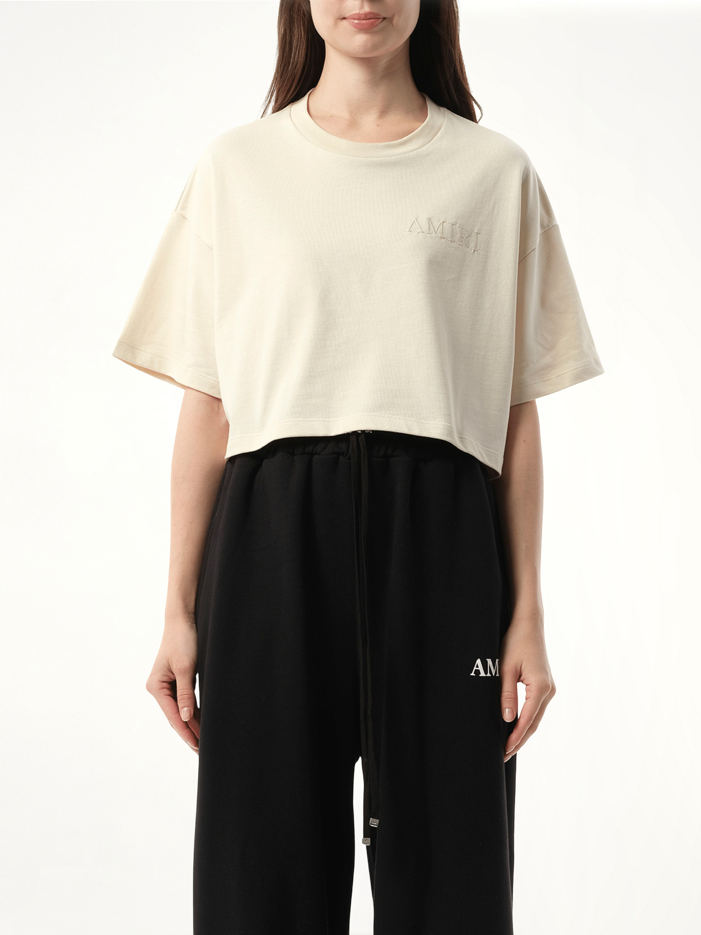 Amiri Embroidered Cropped T-Shirt in Alabaster
