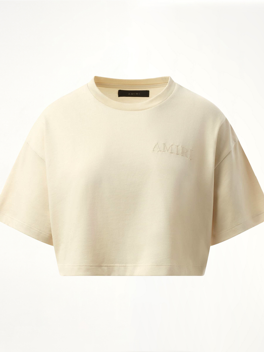 Amiri Embroidered Cropped T-Shirt in Alabaster