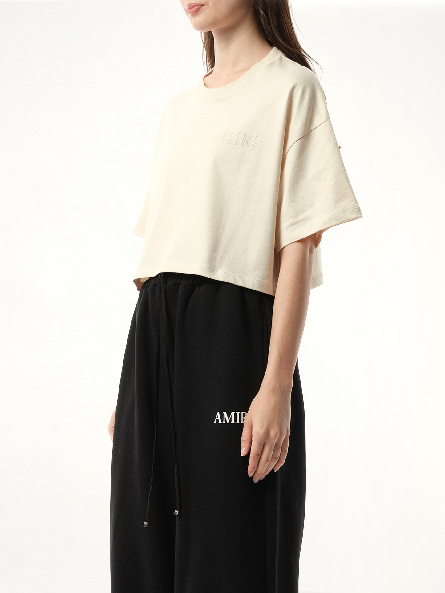 Amiri Embroidered Cropped T-Shirt in Alabaster