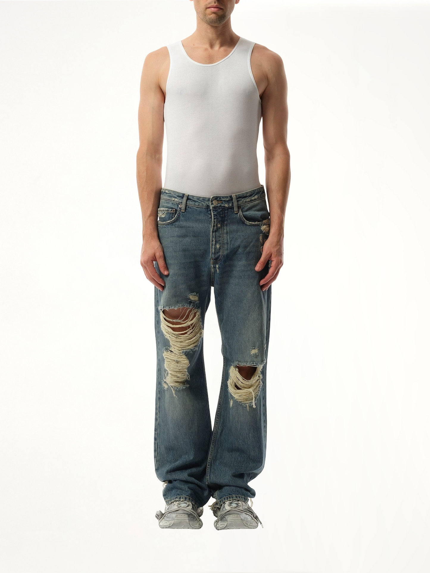 Light Indigo Denim Ripped Pants in Sun Bleached Blue
