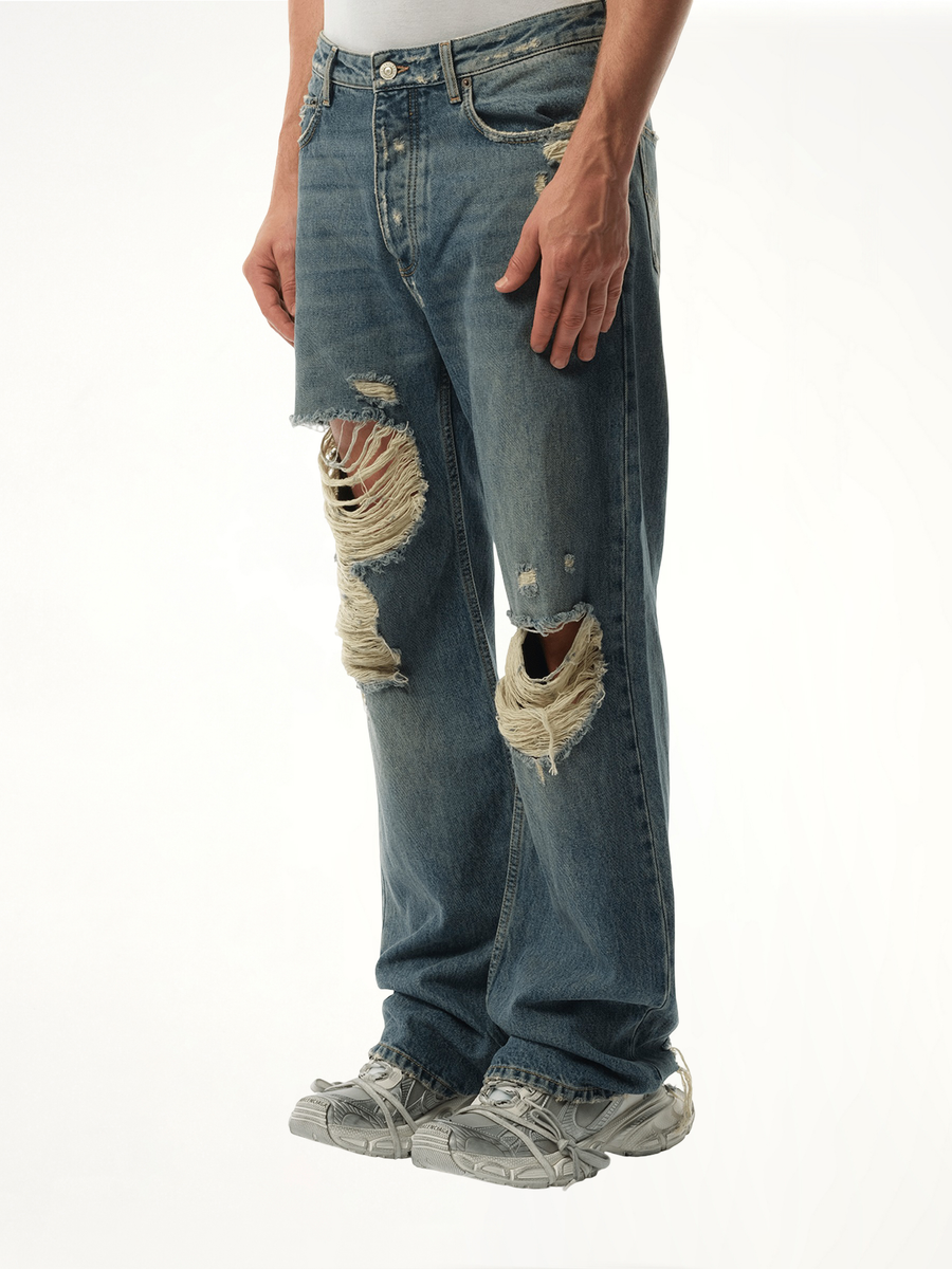 Light Indigo Denim Ripped Pants in Sun Bleached Blue