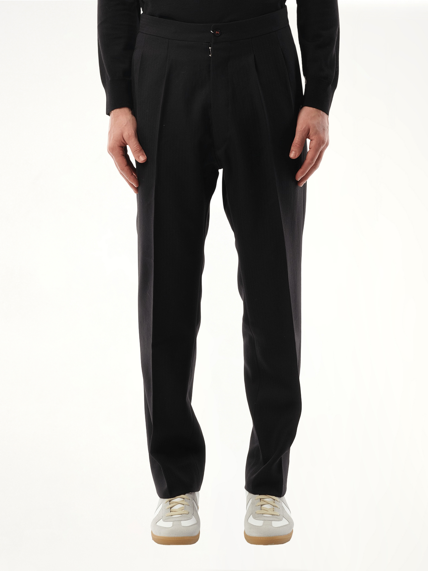 Wool Herringbone Pants in Black