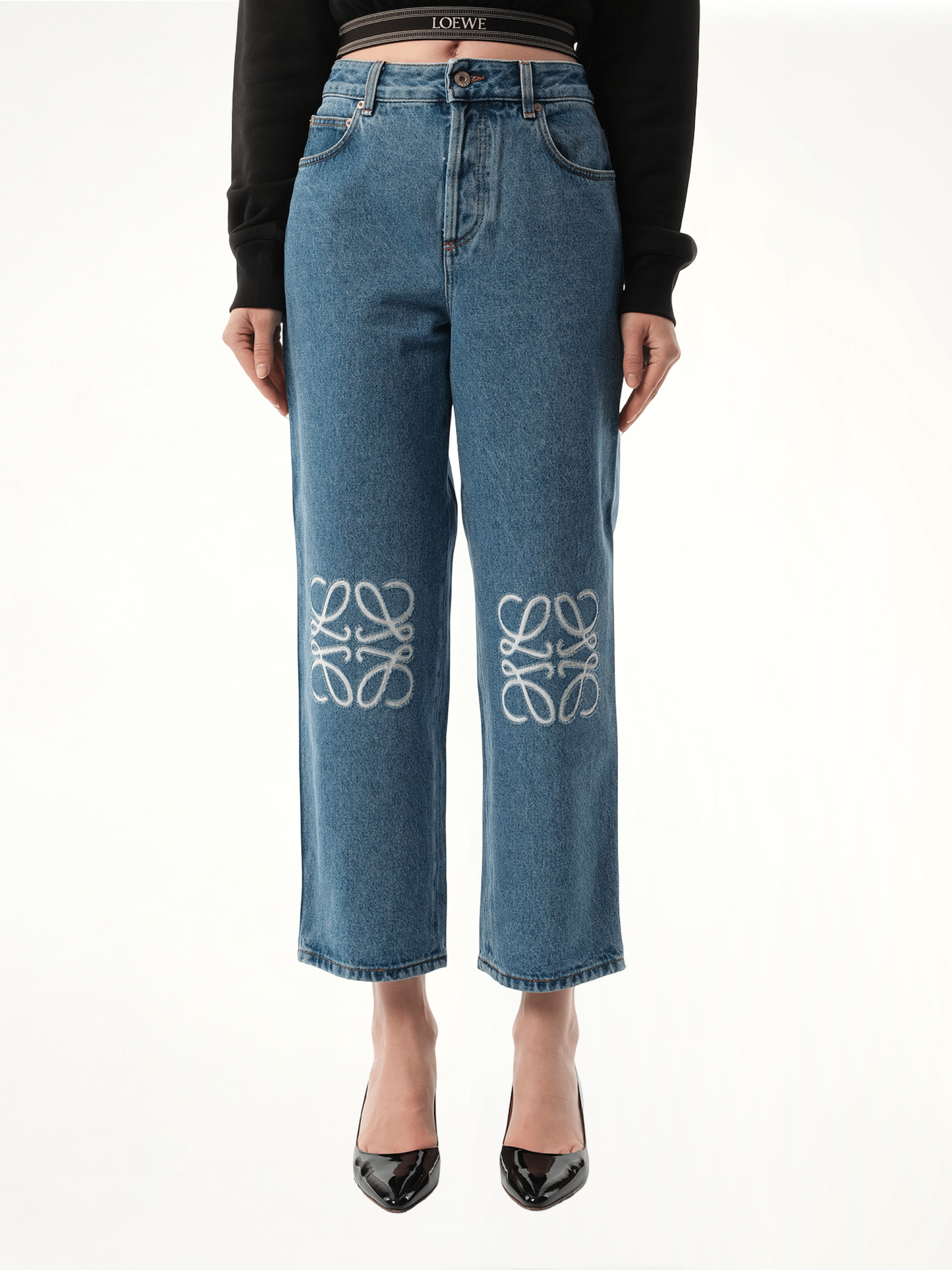 Anagram Cropped Jeans in Mid Blue