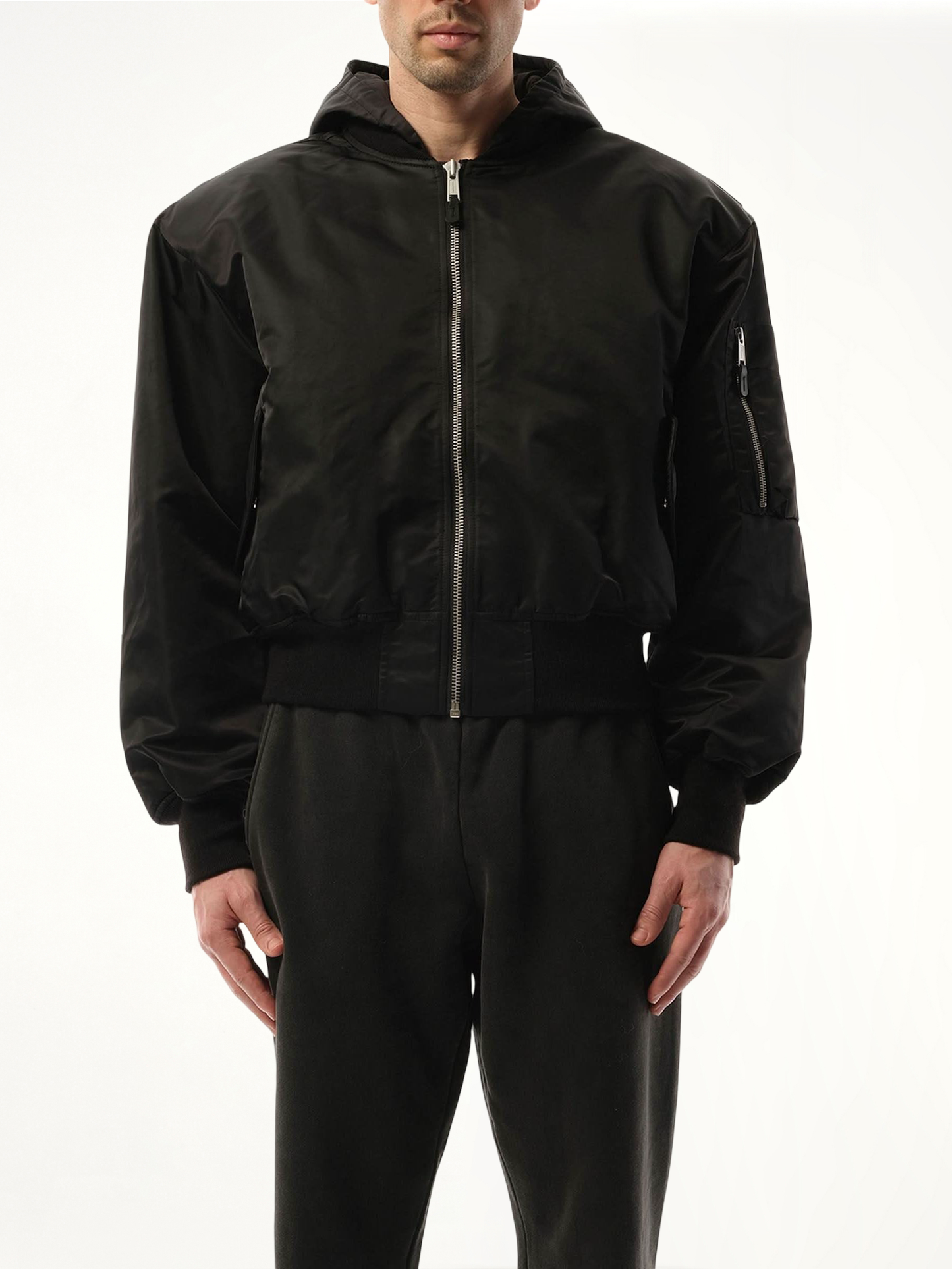 Hooded Broad Bomber Jacket in Oil