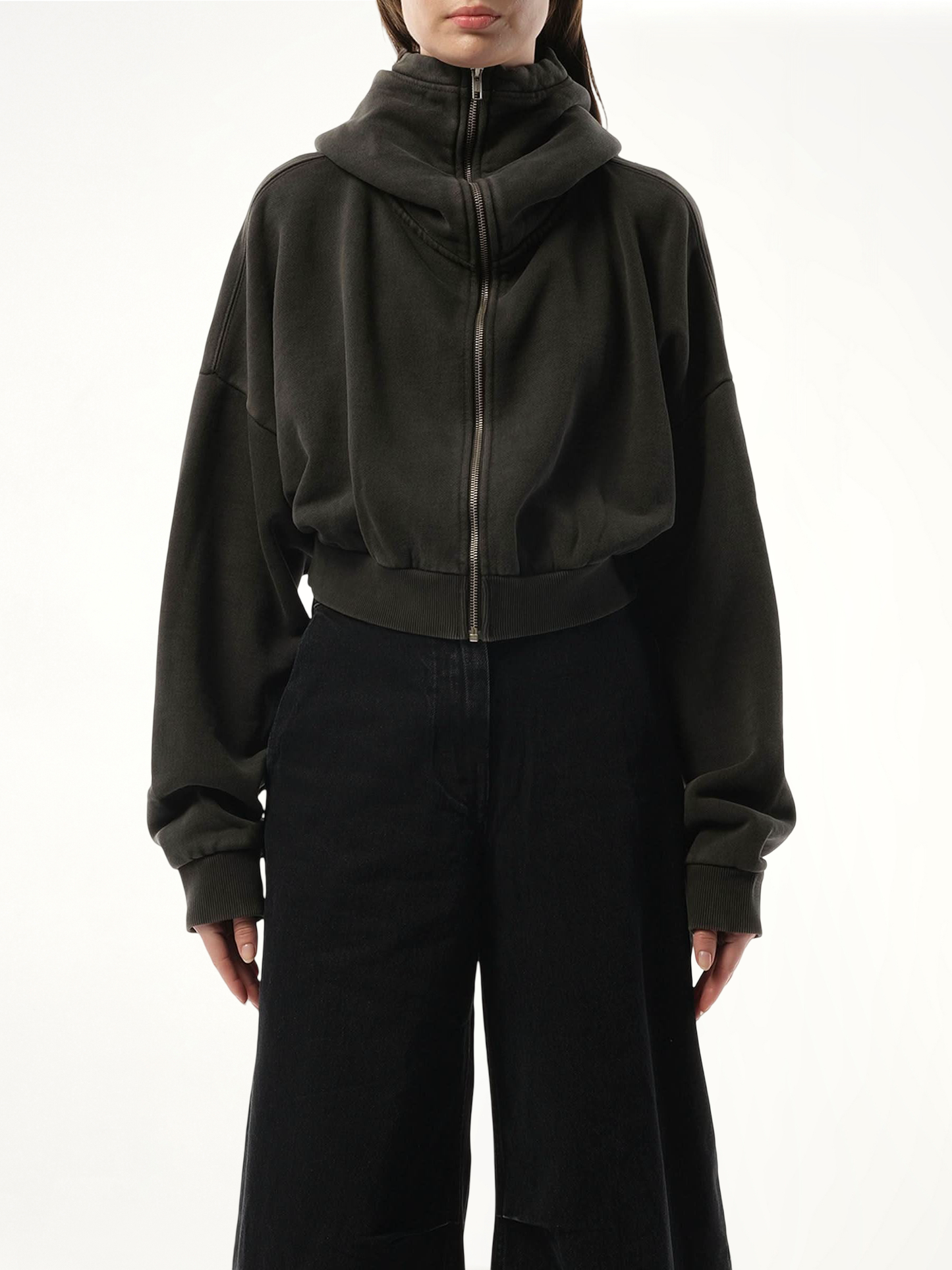 Cropped Full Zip Hoodie in Washed Black