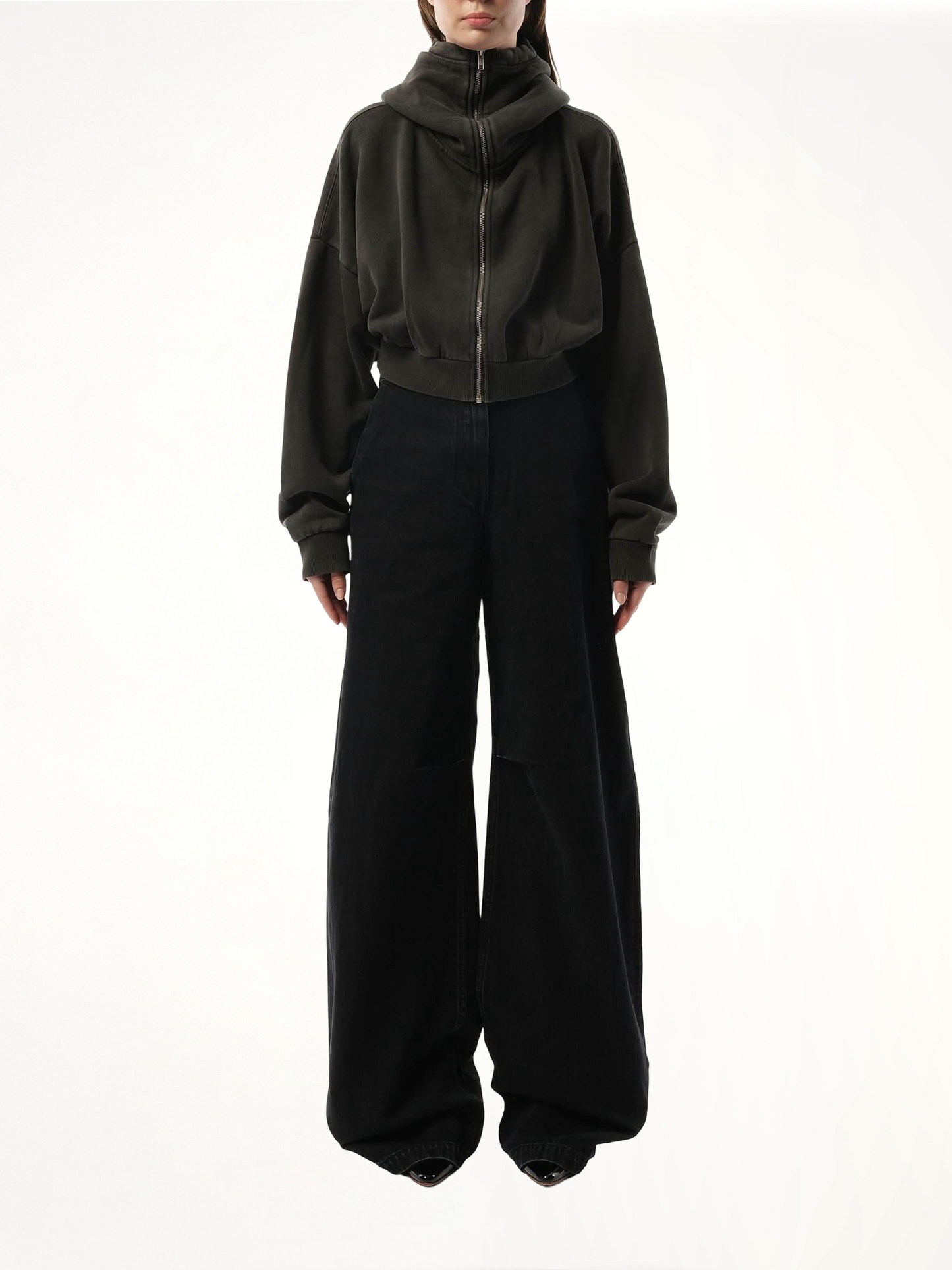 Cropped Full Zip Hoodie in Washed Black