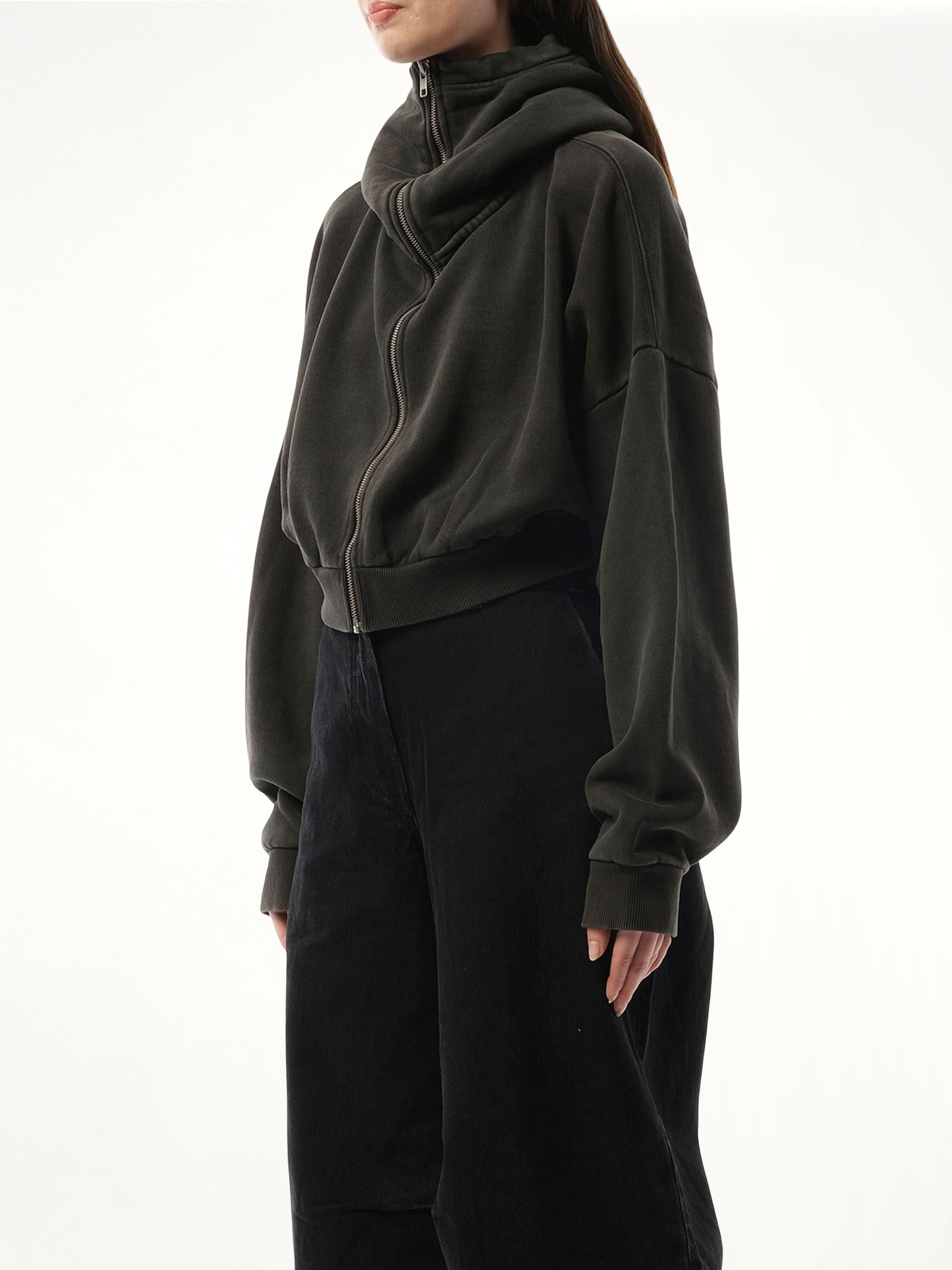 Cropped Full Zip Hoodie in Washed Black