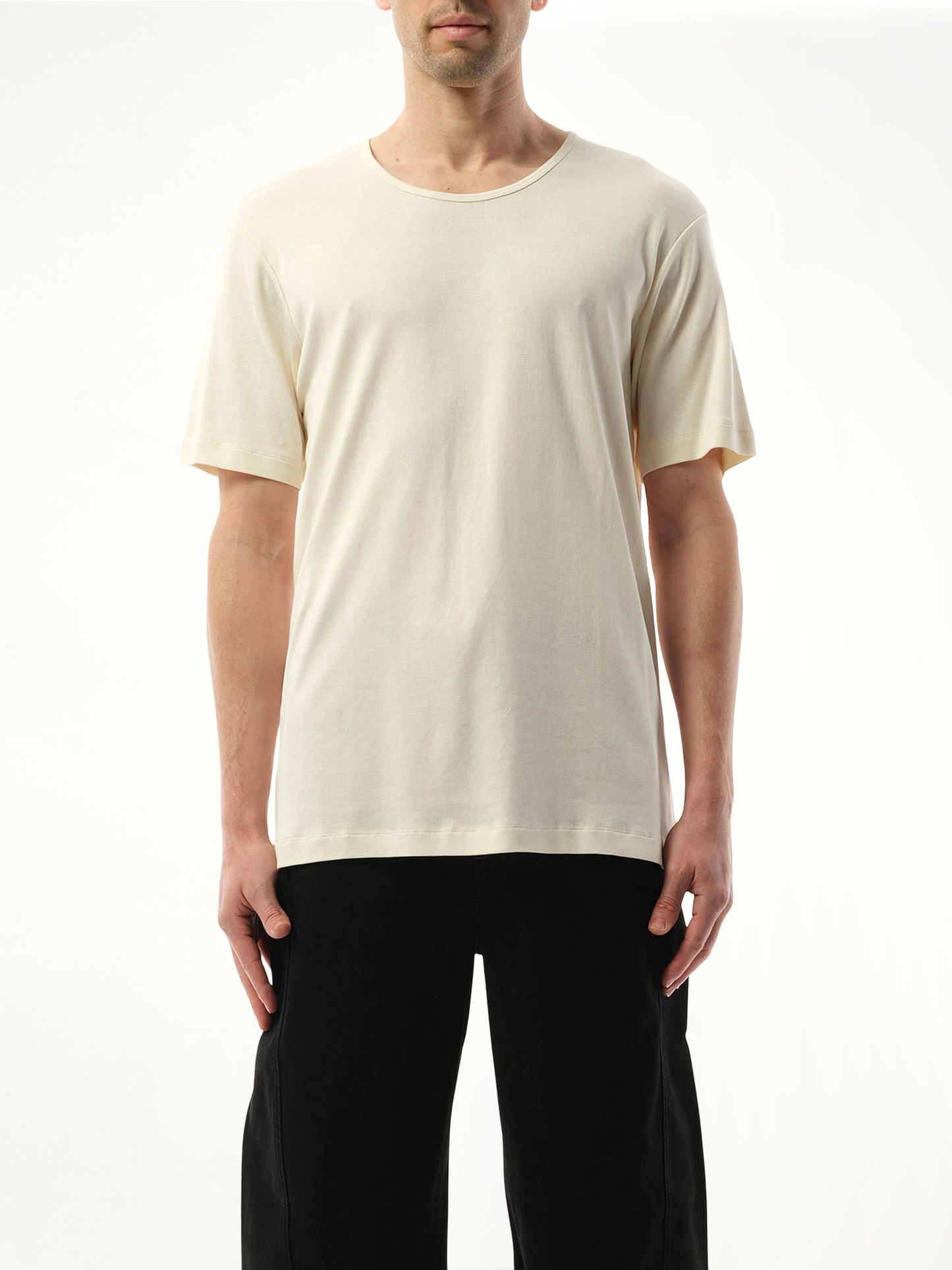 Rib U Neck T-Shirt in Light Cream