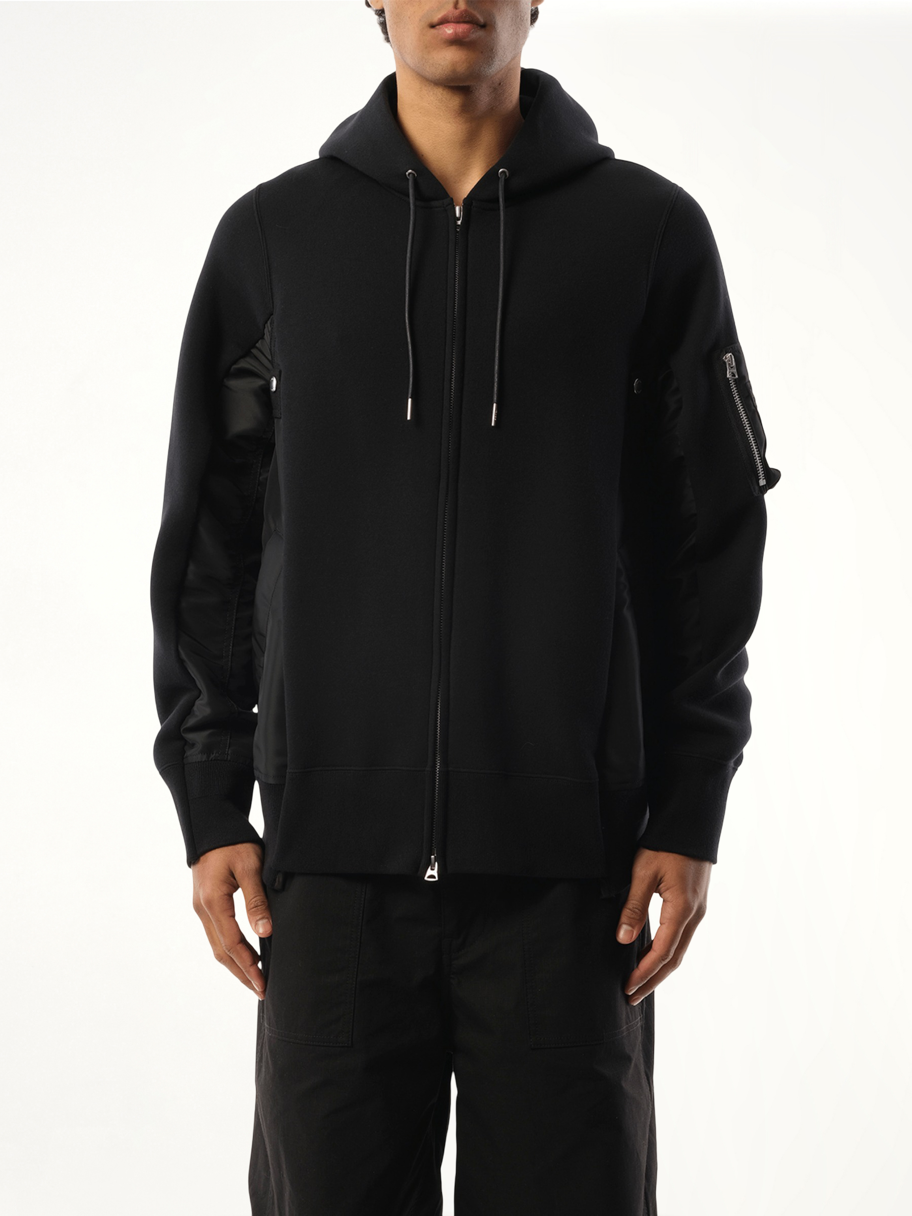 Sponge Sweat Nylon Twill  Zip Hoodie in Black