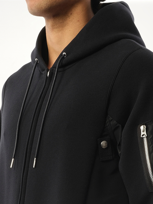 Sponge Sweat Nylon Twill  Zip Hoodie in Black