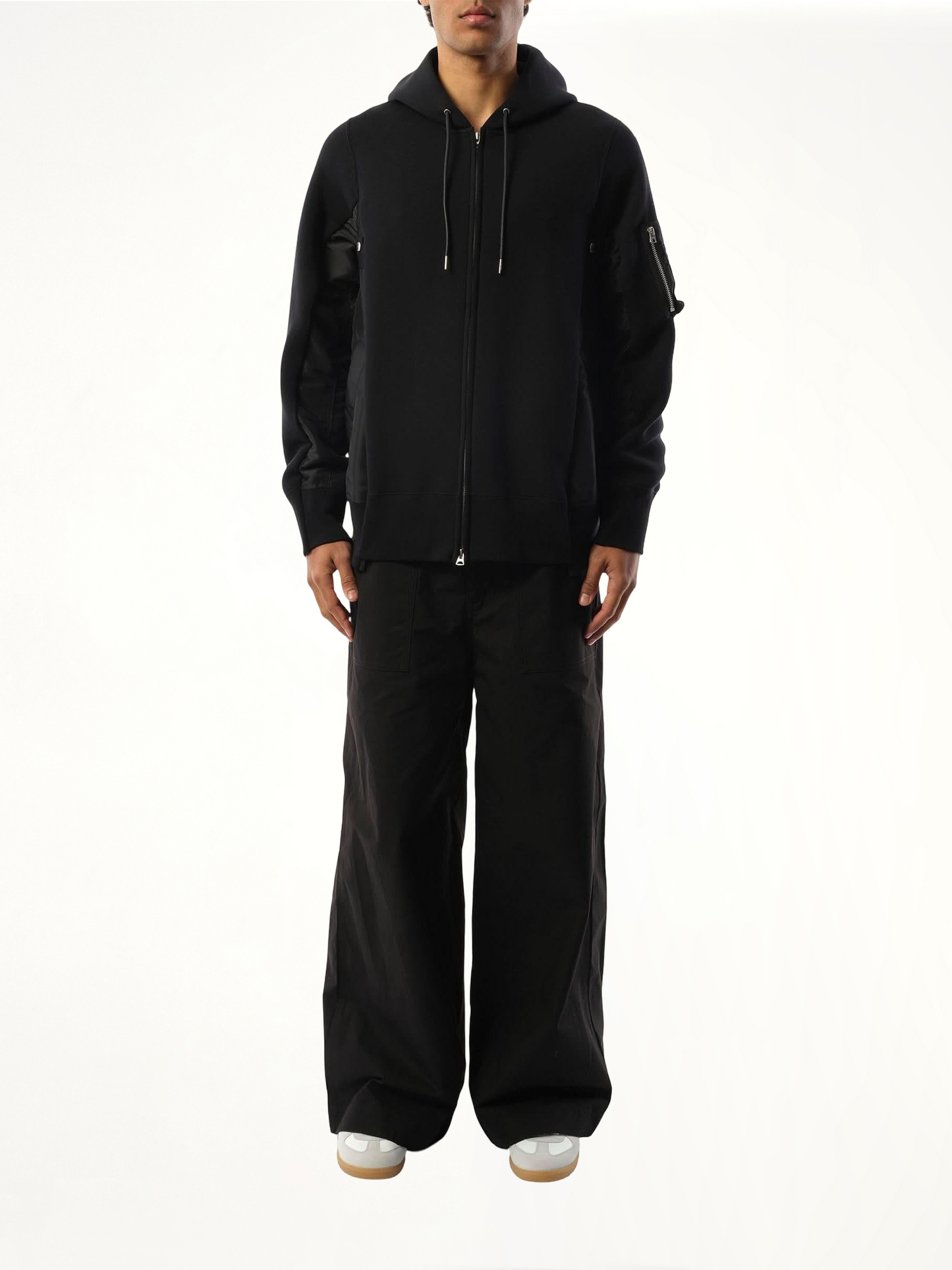 Sponge Sweat Nylon Twill  Zip Hoodie in Black