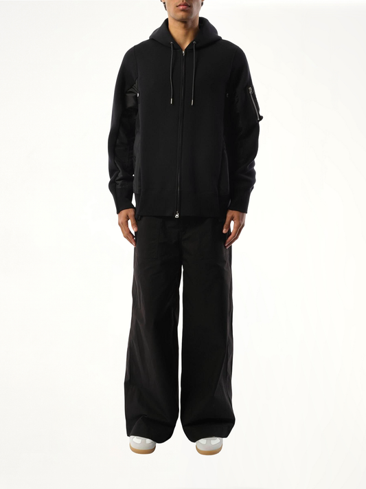 Sponge Sweat Nylon Twill  Zip Hoodie in Black