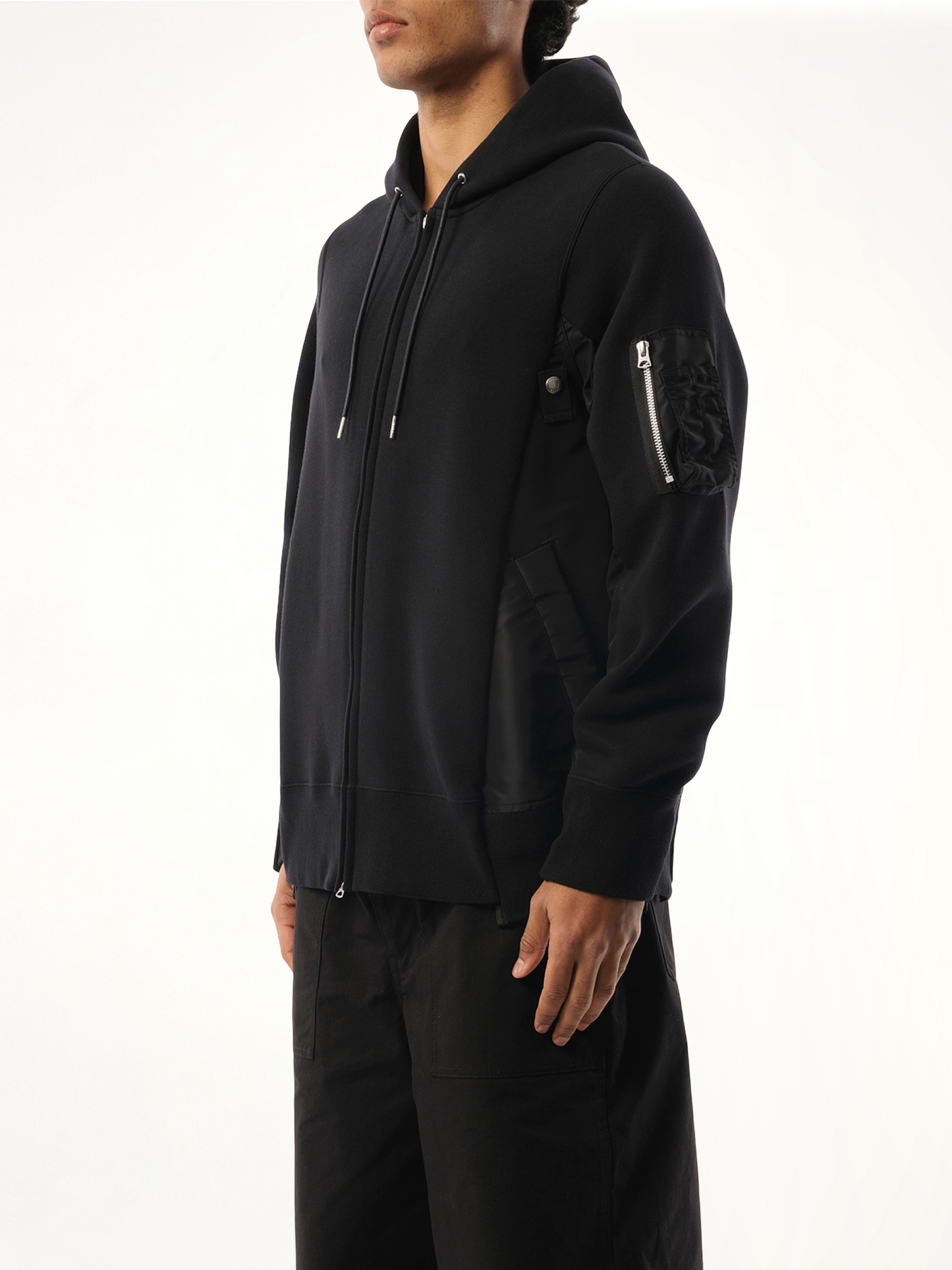 Sponge Sweat Nylon Twill  Zip Hoodie in Black