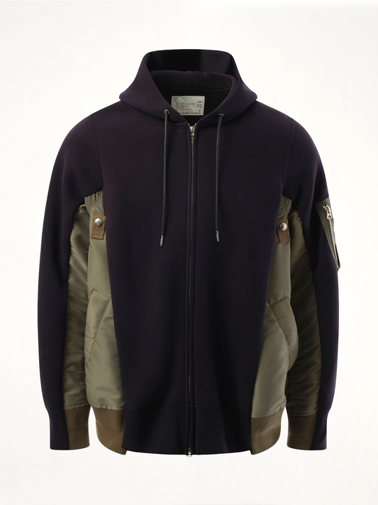 Sponge Sweat Nylon Twill Zip Hoodie in Navy/Khaki
