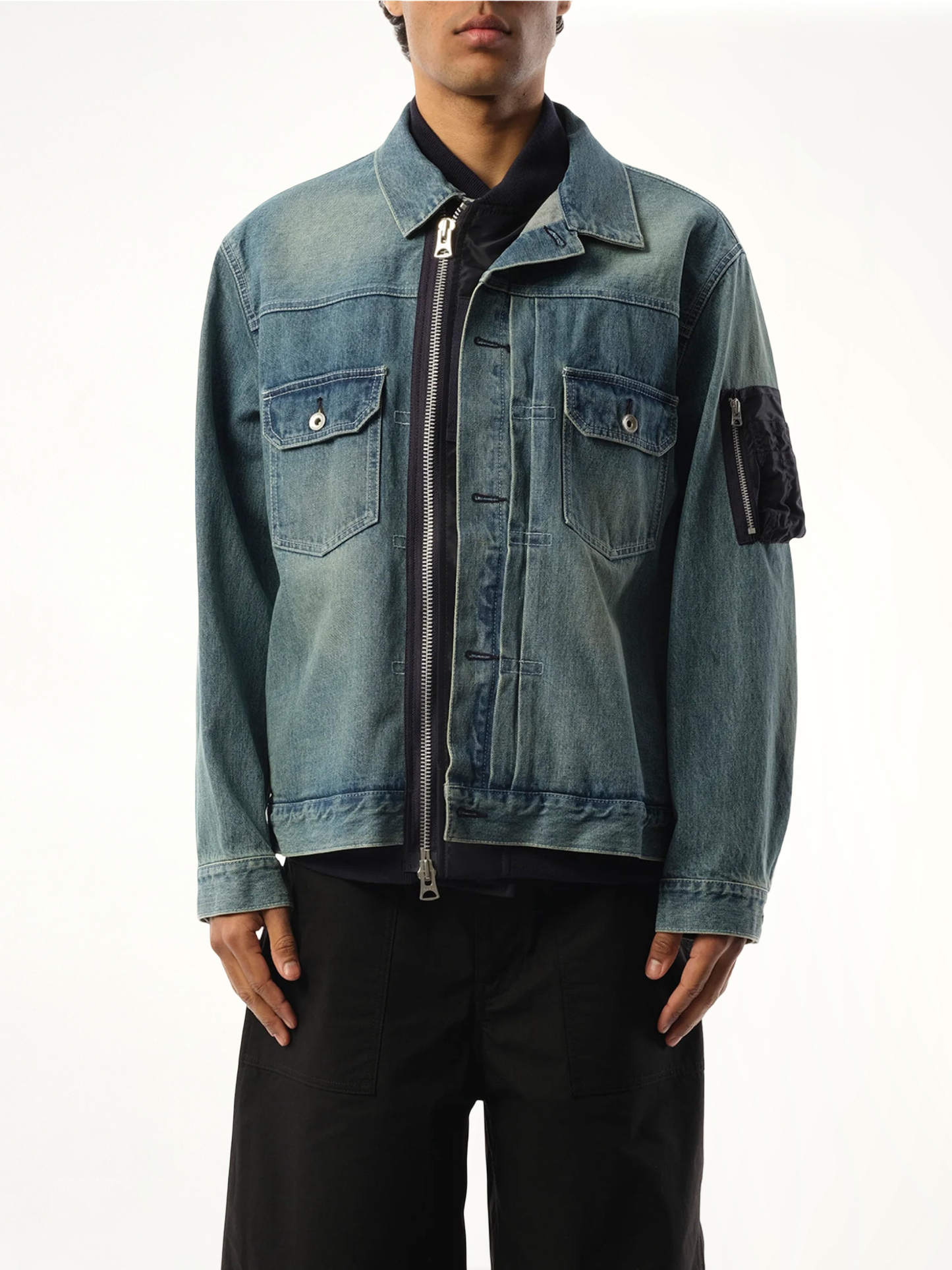Denim x Nylon Jacket in Light Blue