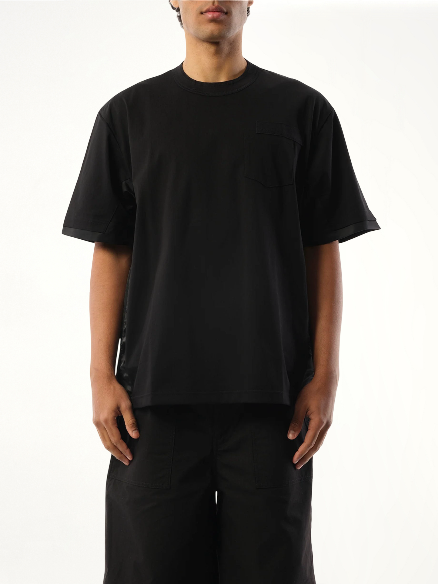Nylon Twill Cotton Jersey T-Shirt in Black