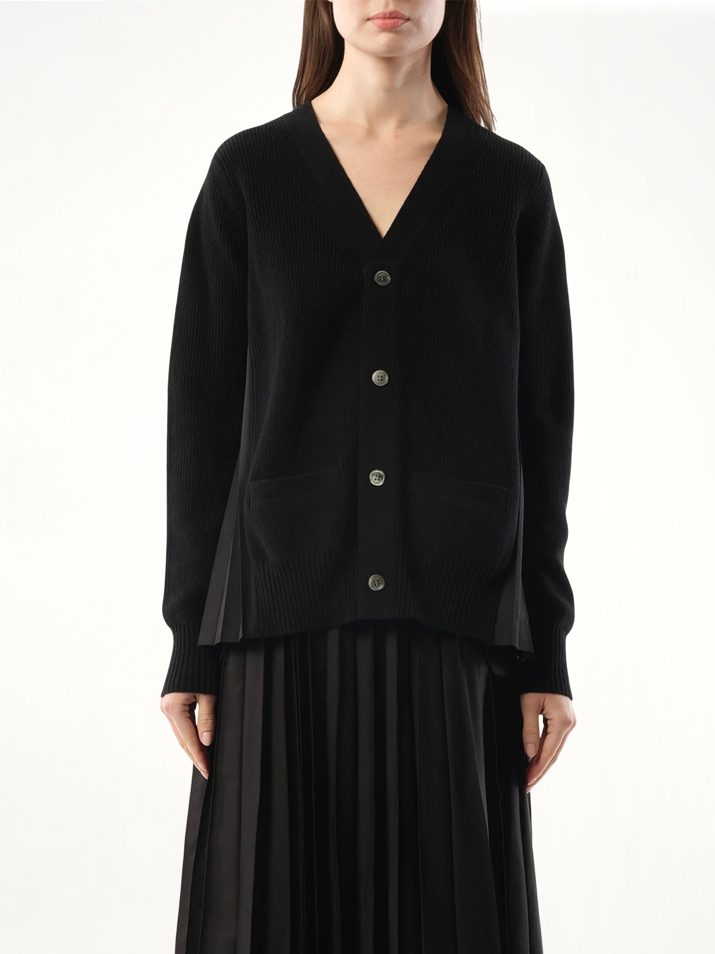 Wool Knit x Cotton Poplin Cardigan in Black