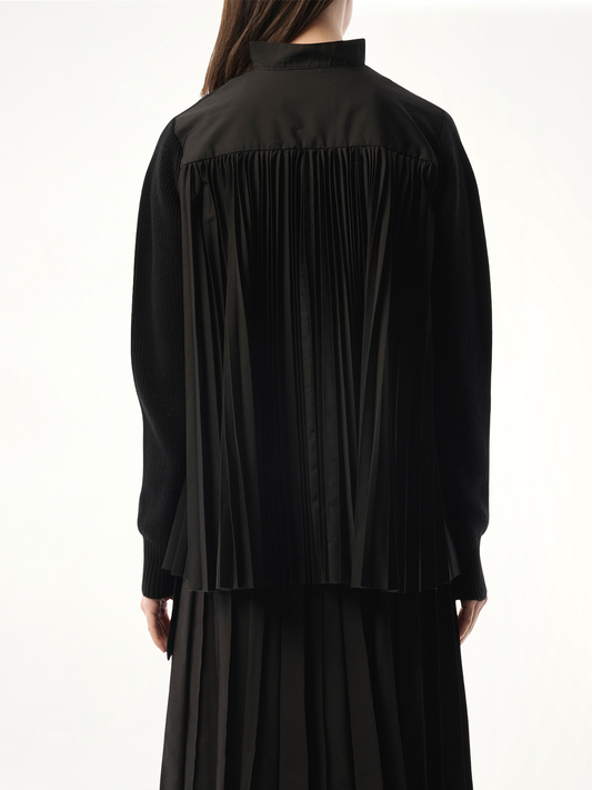 Wool Knit x Cotton Poplin Cardigan in Black