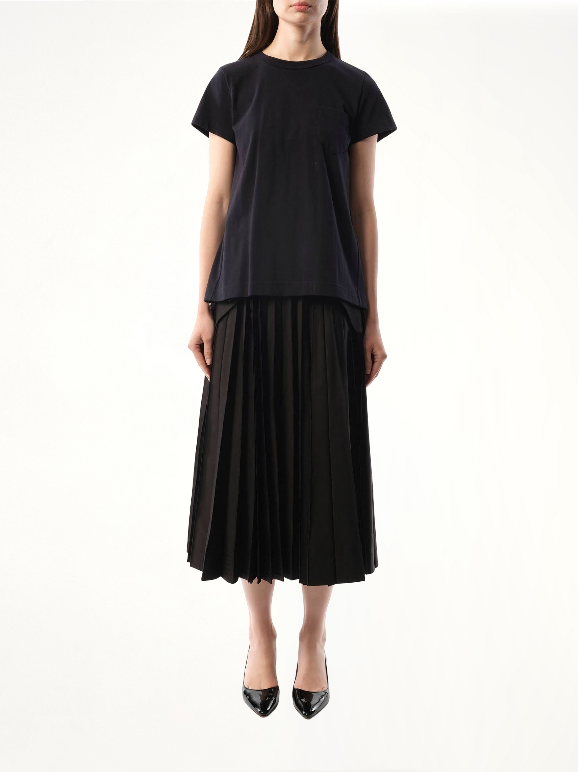 Cotton Poplin x Jersey T-Shirt in Navy/Navy Stripe