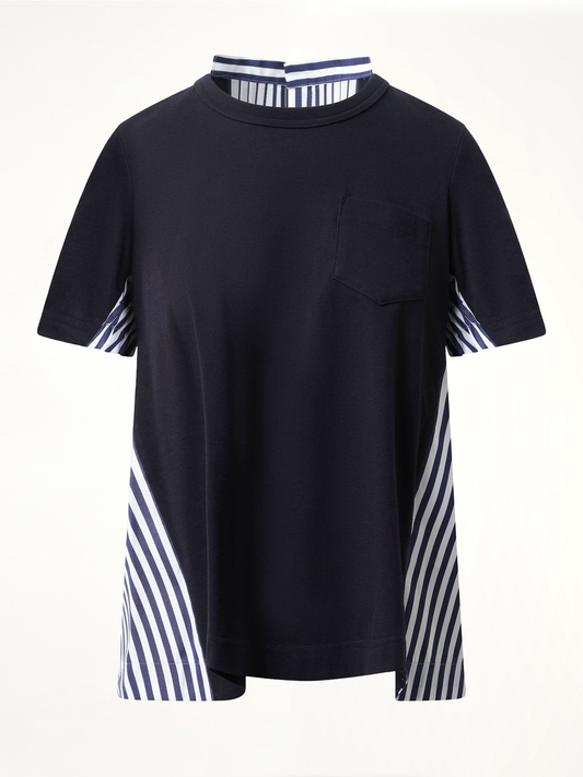 Cotton Poplin x Cotton Jersey T-Shirt in Navy/Navy Stripe
