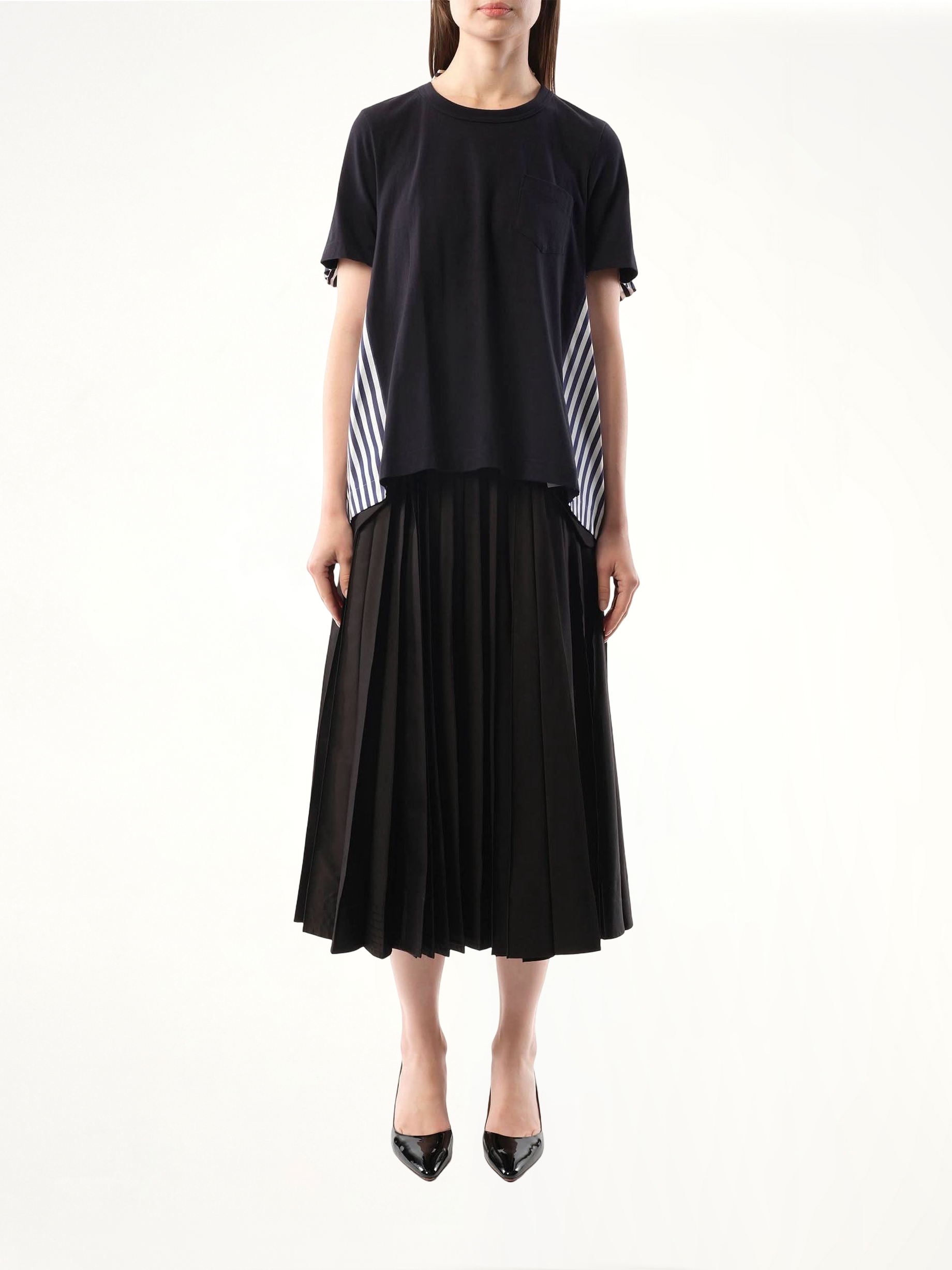 Cotton Poplin x Cotton Jersey T-Shirt in Navy/Navy Stripe