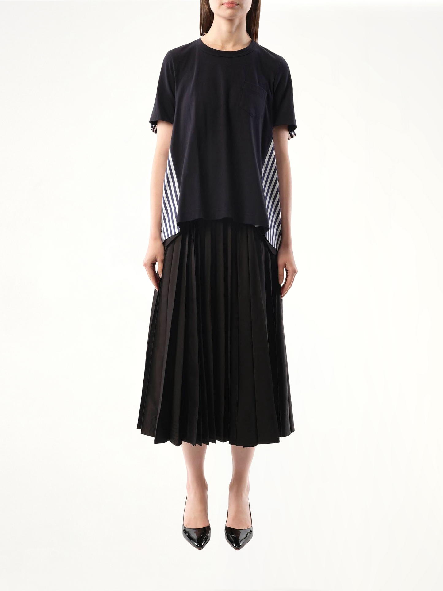 Cotton Poplin x Cotton Jersey T-Shirt in Navy/Navy Stripe