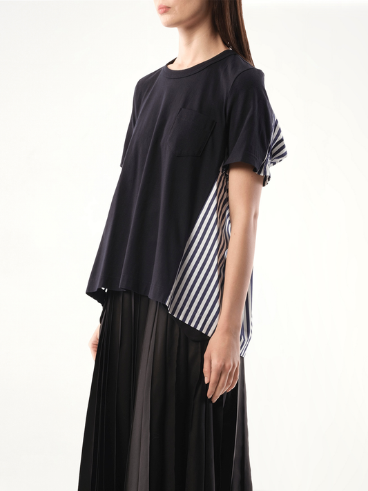 Cotton Poplin x Cotton Jersey T-Shirt in Navy/Navy Stripe