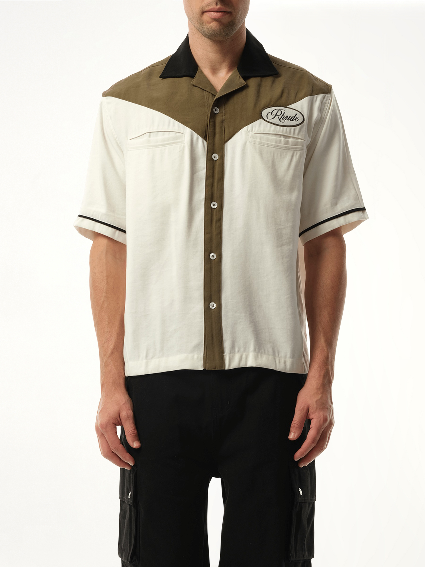 Town&Country Bowling Shirt in Military Green/Off White