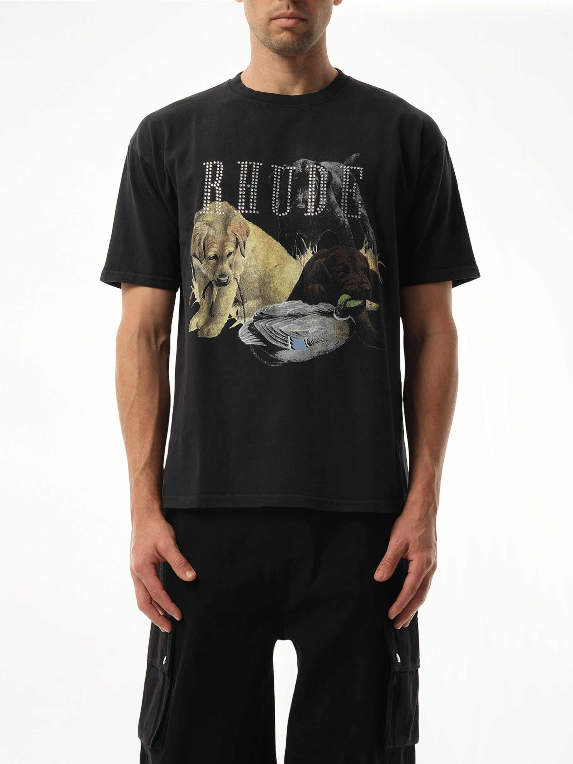 Rhinestone Hunting Dog T-Shirt in Vintage Black