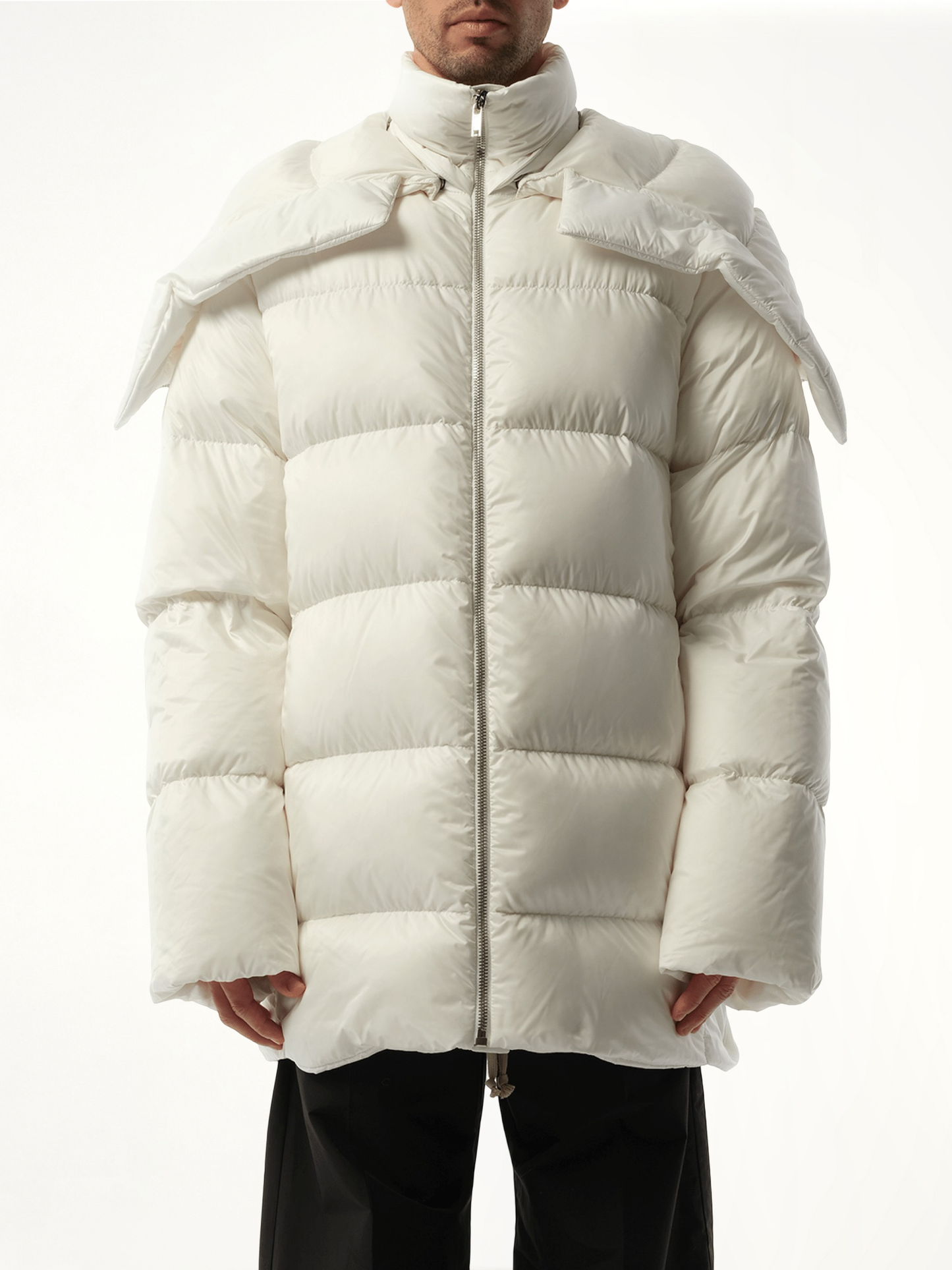 Rick Owens x Moncler Hooded Cyclopic Coat in Milk