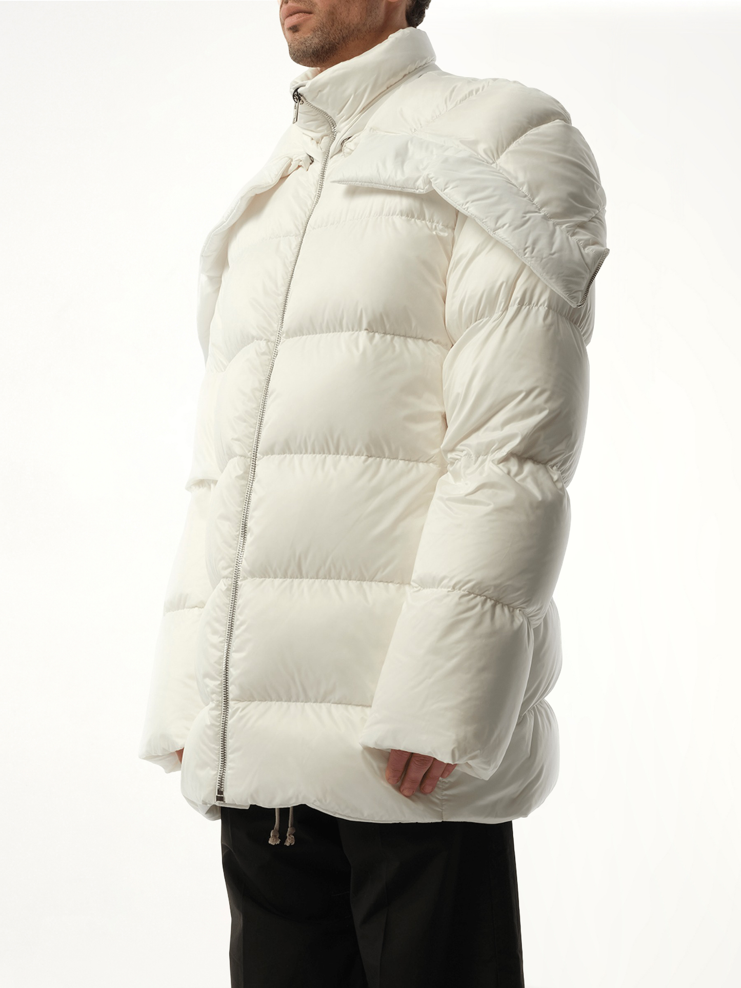 Rick Owens x Moncler Hooded Cyclopic Coat in Milk