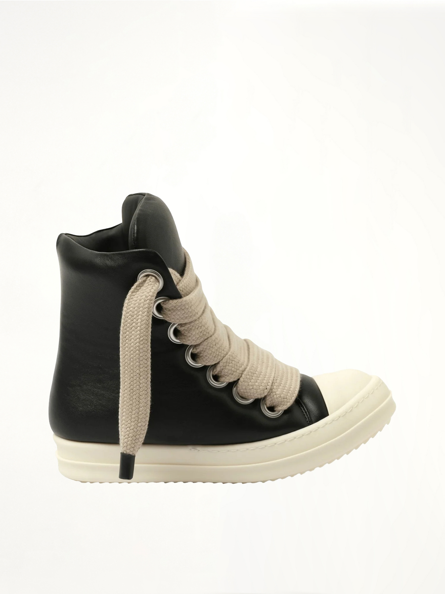 Jumbo Laced Padded High Sneaks in Black/Milk Side View | RICK OWENS