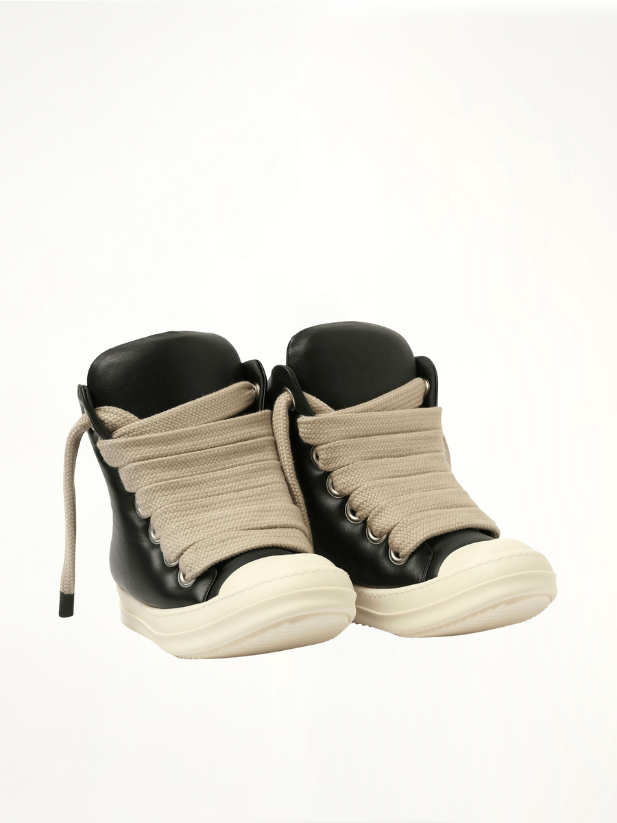 Jumbo Laced Padded High Sneaks in Black/Milk Front View | RICK OWENS