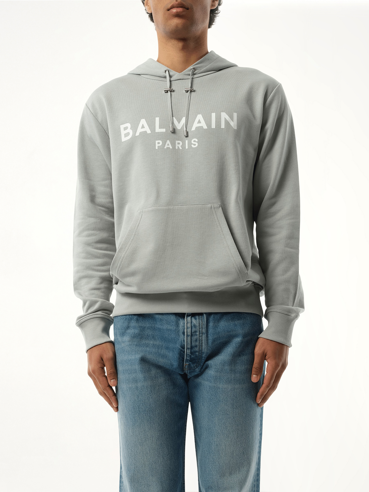 Balmain Print Hoodie in Grey/White