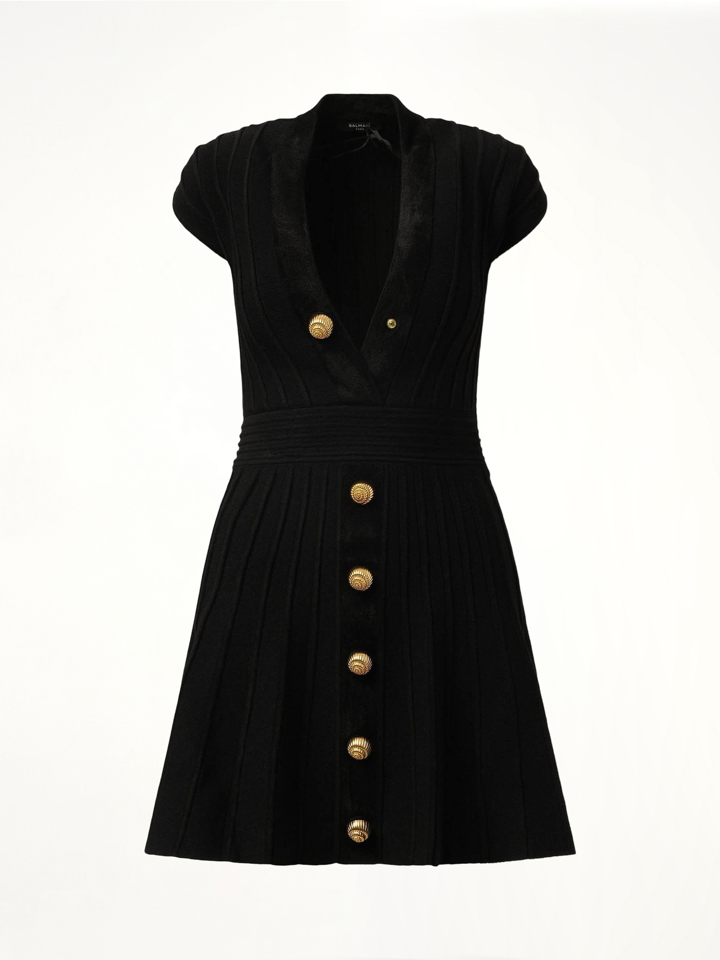 Button V-Neck Velvet Flare Short Dress in Black