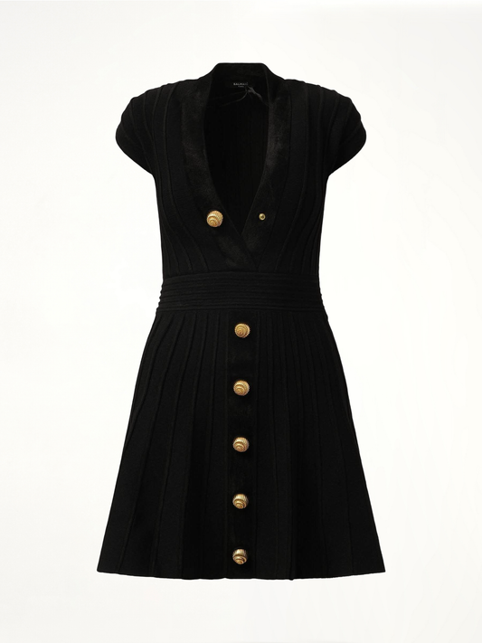 Button V-Neck Velvet Flare Short Dress in Black