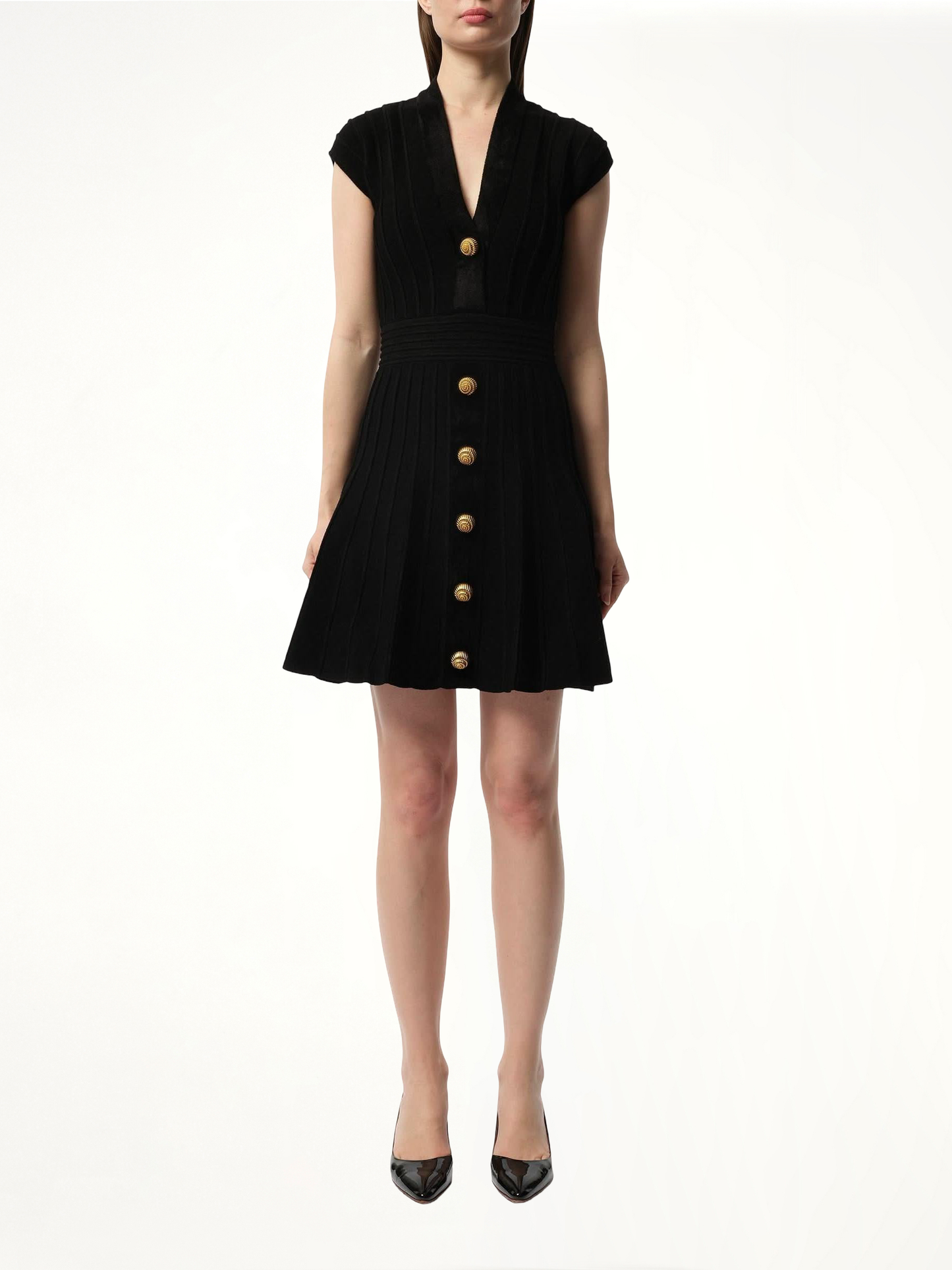 Button V-Neck Velvet Flare Short Dress in Black