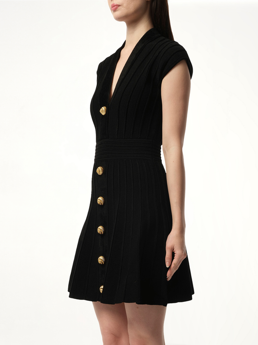 Button V-Neck Velvet Flare Short Dress in Black