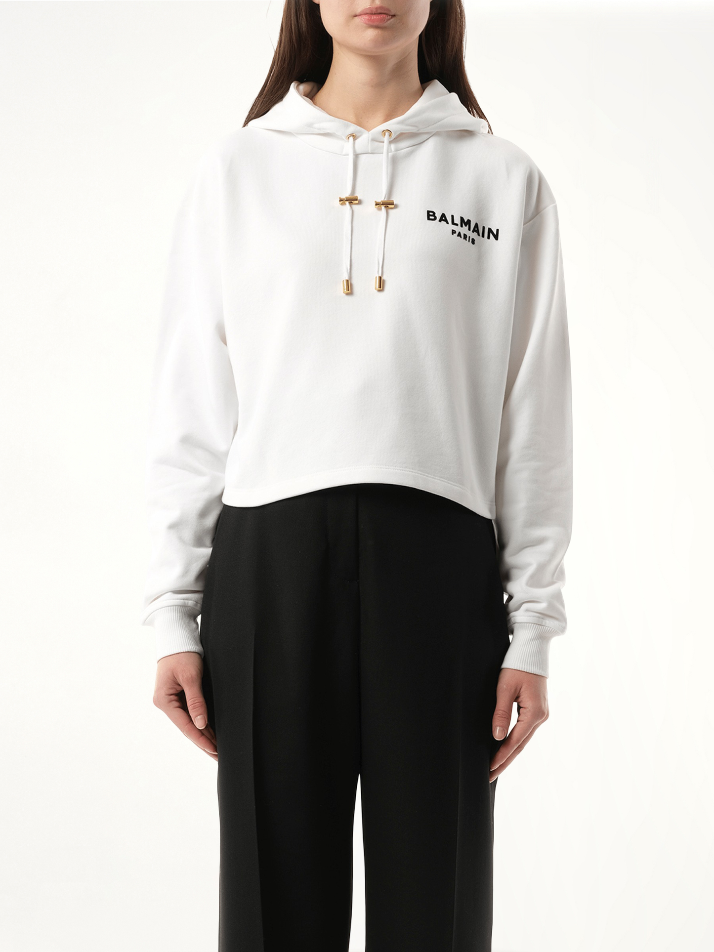 Balmain Flock Detail Cropped Hoodie in White/Black