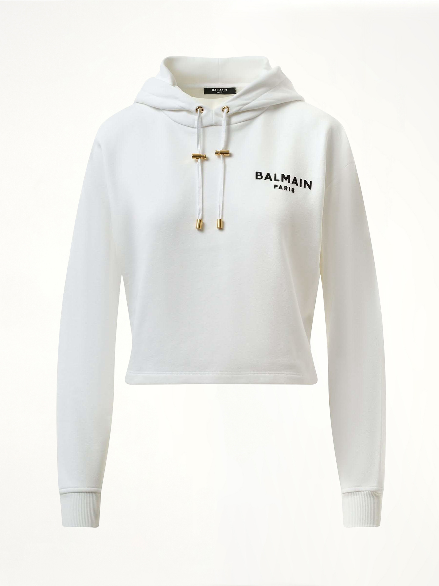 Balmain Flock Detail Cropped Hoodie in White/Black