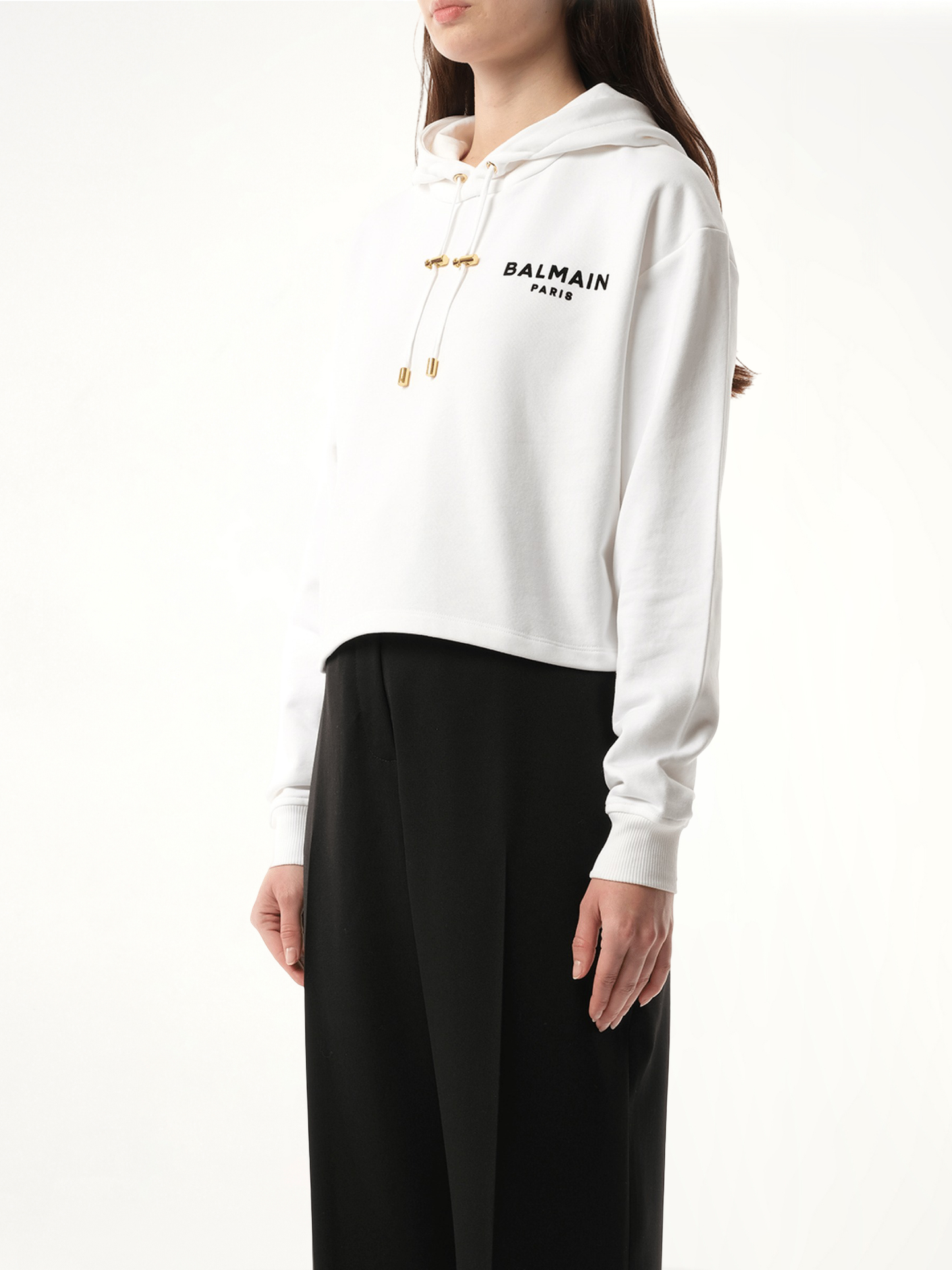 Balmain Flock Detail Cropped Hoodie in White/Black