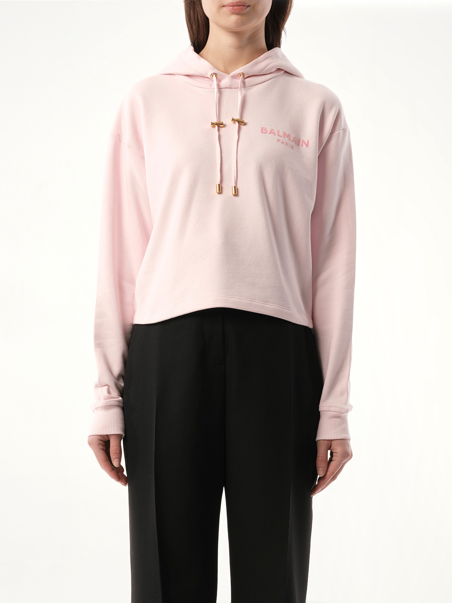 Balmain Flock Detail Cropped Hoodie in Pink