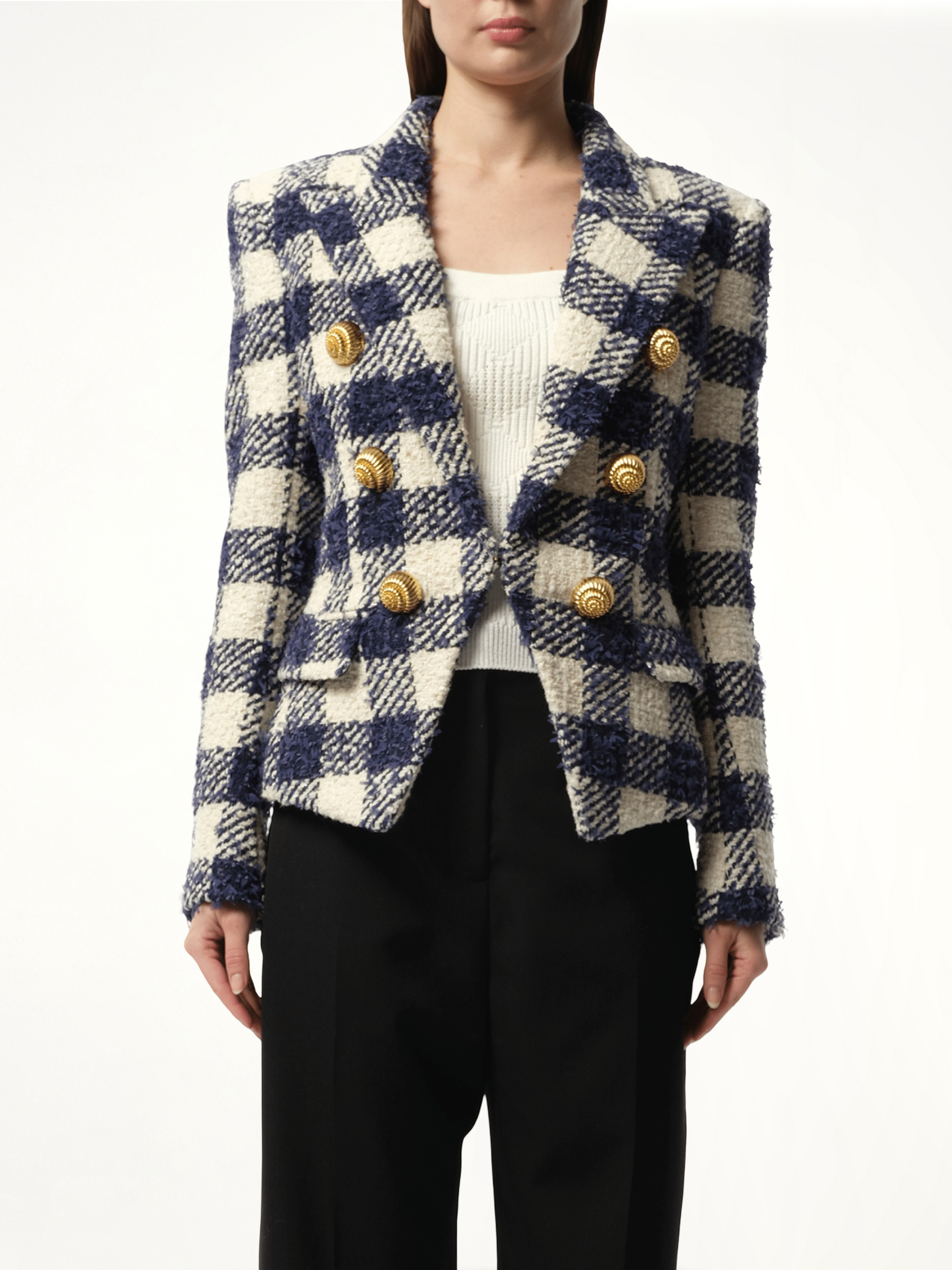 6 Button Tweed Jacket in Marine/White