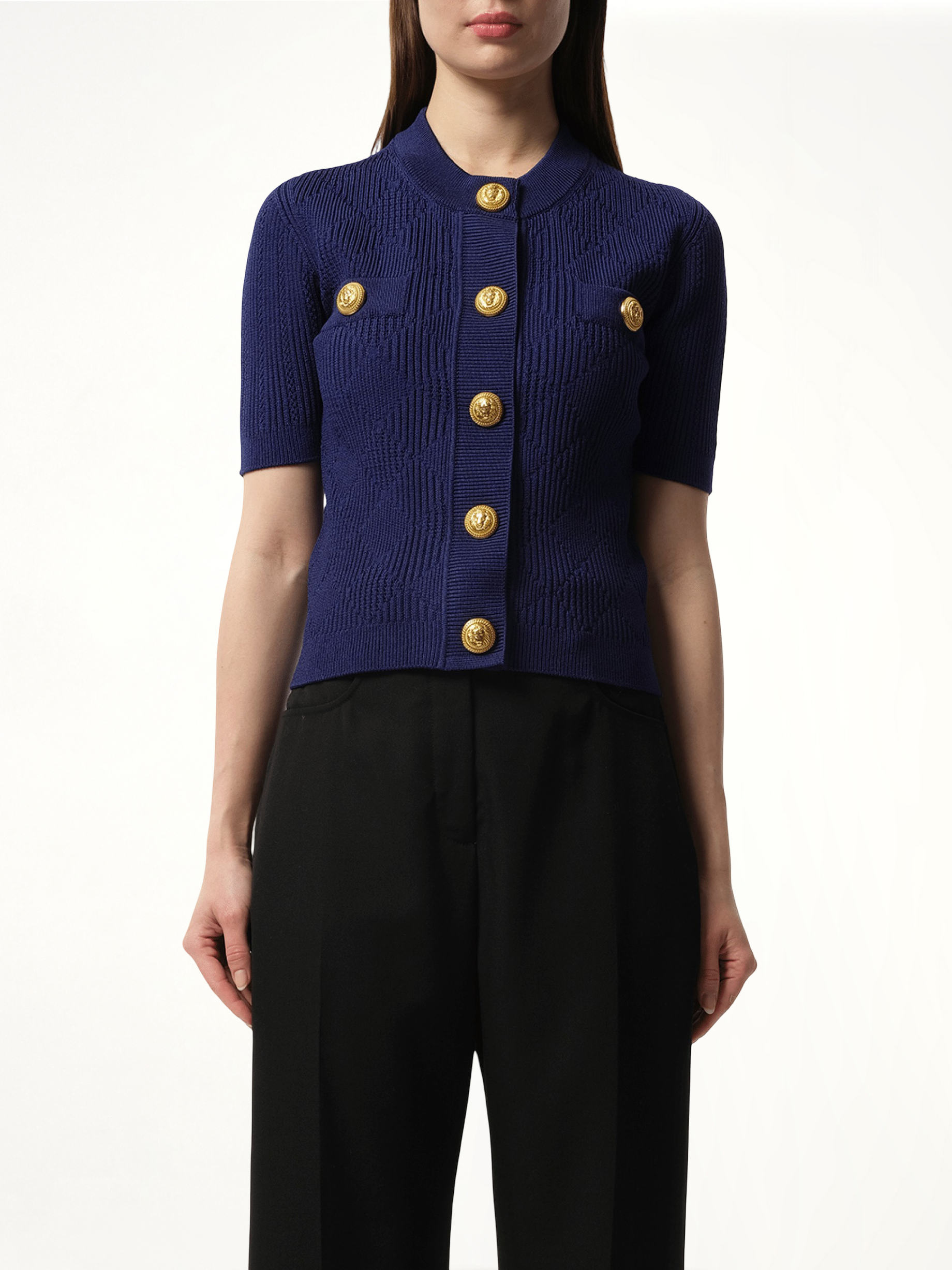 Buttoned 2 Pockets Vichy Knit Cardigan in Midnight Blue